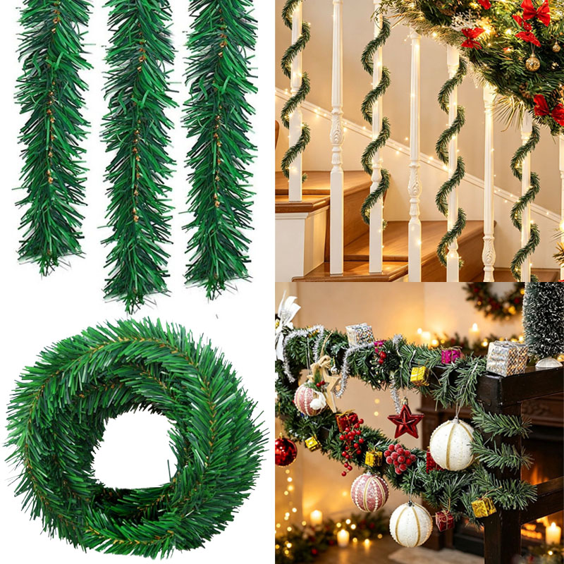 Tinsel Garland Decoration - Grüne Kiefer-Weihnachtsgirlande, dekorative künstliche Weihnachtsbaum-Rattan-Banner, Party-Kunststoff-Glitzer-Hängedekoration,